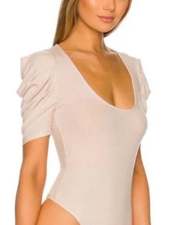 Free People So Fresh Shirred Puff Sleeve Ribbed Bodysuit in Dust Storm Large - Picture 2 of 13